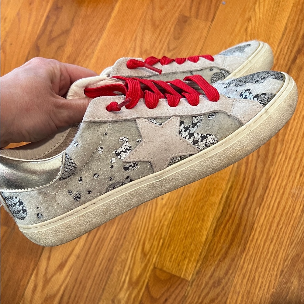 Steve Madden Beige Suede Sneakers with Red Laces and Silver Heel